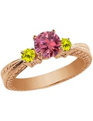 0.99 Ct Round Pink and Canary Diamond 14K Rose Gold 3-Stone Ring