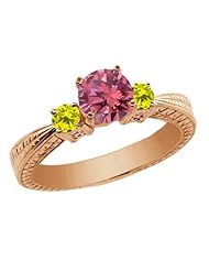 0.99 Ct Round Pink and Canary Diamond 925 Rose Gold Plated Silver 3-Stone Ring