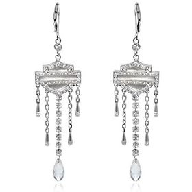 Harley-Davidson� Ladies Bar and Shield White Crystal with Mother Of Pearl Dangle Silver Earrings...