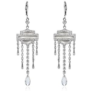 Harley-Davidson� Ladies Bar and Shield White Crystal with Mother Of Pearl Dangle Silver Earrings...
