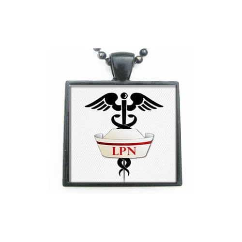 Licensed Practical Nurse Cap LPN Symbol Glass in Black Tile Pendant Necklace with