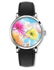SPRAWL Aanalog Fashion Series Silver Ladies Watches of Genuine Black Leather Strap,Unique Wrist Watch for Women Girls Designed with Colorful daisy