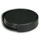 Black Leather 4 Coaster Set with Holder