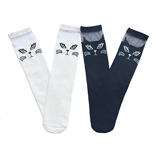 JiaDuo Kids Girl Cotton School Socks Cat Face Knee High Tube Sock Pack of 2