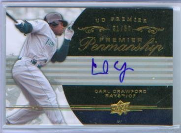 Carl Crawford Autograph 2008 Upper Deck Baseball Premier Penmanship Card #PP-CC & #/50 Signed / Tampa Bay Rays / Boston Red Sox