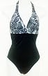Marsol Missy/Junior 1PC Mock Bikini Swimsuit in Black/Lace Print Sizes 30(6) - 36(12). One Piece Front/Two Piece Back