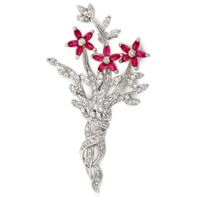 Marquise C.Z. Ruby Diamond Flower Bouquet Sterling Silver Pin