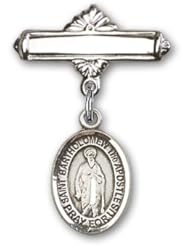 Sterling Silver Baby Badge with St. Bartholomew the Apostle Charm and Polished Badge Pin