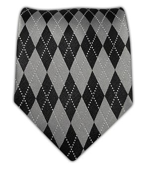 100% Silk Woven Black and Silver Argyle Jr. Plaid Tie