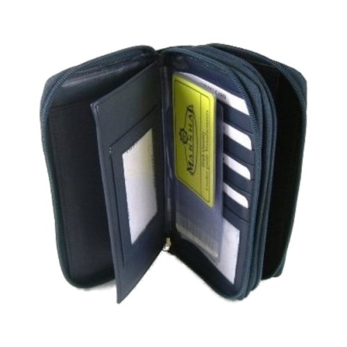 Genuine LEATHER Zipper Clutch Wallet w/ Checkbook Cover (Navy)
