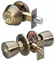 Master Lock TUCO0605 Tulip Entry Door Knob and Keyed Alike Single Cylinder Deadbolt with SilvaBond Antimicrobial Finish, Antique Brass