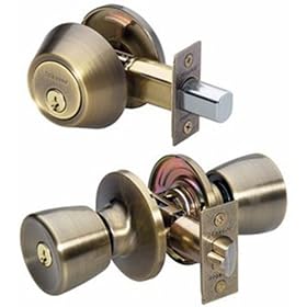 Master Lock TUCO0605 Tulip Entry Door Knob and Keyed Alike Single Cylinder Deadbolt, Antique Brass