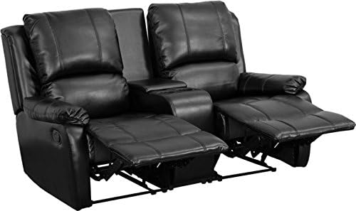 Black Leather Pillowtop 2-Seat Home Theater Recliner w/Storage Console Recliner