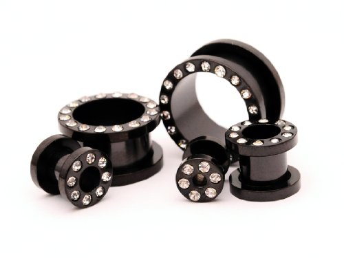 Black Steel Cz Screw on Tunnels - 0g - 8mm - Sold As a Pair