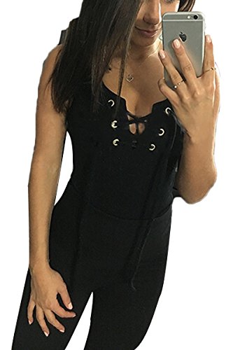 Prograce Women's V Neck Lace Up Bodysuit Sleeveless Stretch Jumpsuit Leotard