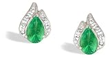 14K White Gold Genuine Pear Emerald and Diamond Flame Earrings