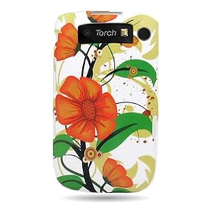 WIRELESS CENTRAL Brand Hard Snap-on Shield With ORANGE FLOWER Design Faceplate Cover Sleeve Case for BLACKBERRY 9810 TORCH 2 / 9800 (AT&T) With PRY Tool Removal Case [WCH638]