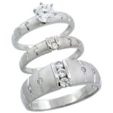 Sterling Silver 3-Piece Trio His (7.5mm) & Hers (3.5mm) Channel Set CZ Wedding Ring Band Set; (Ladies Size 5 to10; Men's Size 8 to 14); Ladies Size 9