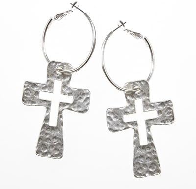 Bold Hammered Cut-out Cross Hoop 3" Earrings. Antique Silver Tone Hoop. Hammered Cut-out Cross.