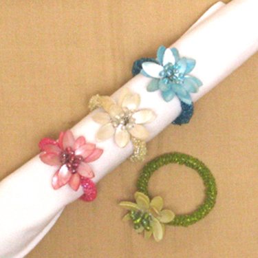 Bead Hand Painted Mother of Pearl Napkin Rings Set / 4