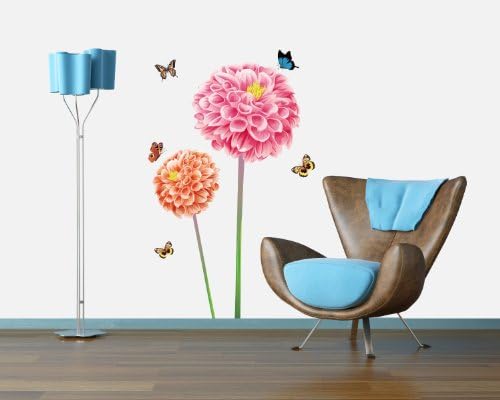 Magic Decals Two Tall Red Blossoming Flowers with Flying Butterflies Wall Art Mural Decor Decal Wall Sticker