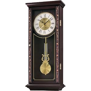 Seiko Wall Pendulum Clock Dark Brown Wooden Case With Floral Accents by