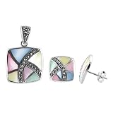 .925 Sterling Silver Multicolor Enamel and Marcasite Earrings Pendant Set