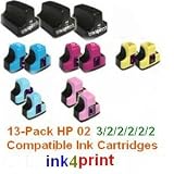LD © HP 02 Remanufactured Bulk Set of 13 Ink Cartridges: 3 Black + 2 Cyan, Magenta, Yellow, Light Cyan, Light Magenta