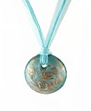 Necklace - N111 - Murano Glass Style - Round Shape ~ Aqua and Copper hung on 5 Strand Organza and Cotton Cord + 2' Extension Chain