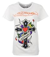 Ed Hardy Womens Rhinestone T-Shirt Gothic Cross of Love White