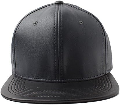 Leather 6 Panel Flat Bill Blank Snapbacks Hat Cap (Charcoal Grey/Black)
