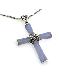 Sterling Silver Marcasite Purple Jade Cross Pendant w/ 20" Chain Necklace