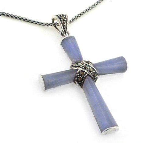 Sterling Silver Marcasite Purple Jade Cross Pendant w/ 24″ Chain Necklace