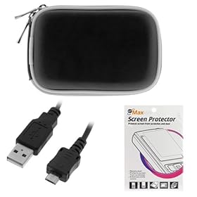 GTMax Black Digital Camera Zipper Pouch Case + Micro-USB Data Cable + LCD Screen Protector for Kodak C1505 C142 C143 C183 C195 Sport C123 M522 M532 M552 M580 M575 M550 M530 M5350 M5370 M23