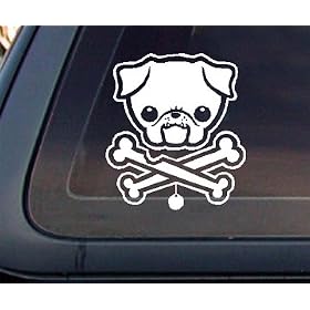 PUG Dog w/ Bone Car Decal / Sticker - White