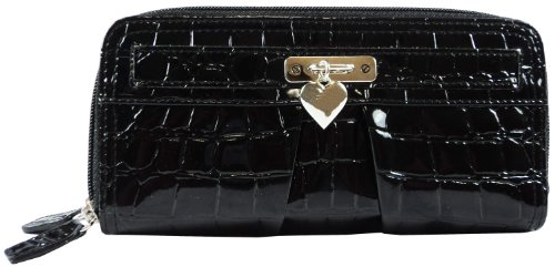 Moc Croc Dangling Heart Charm Zip Around Clutch Wallet in Choice of Colors