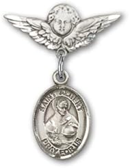 Sterling Silver Baby Badge with St. Albert the Great Charm and Angel W/wings Badge Pin. Saint Albert the Great Is the Patron Saint of Scientists & Philosophers.
