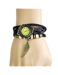 amtonseeshop Newly Fashion Black Retro Nice Lady Woman Girl Quartz Wing Weave Wrap Around Leather Bracelet Wrist Watch