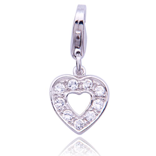 Rhodium Plated Sterling Silver Cubic Zirconia Heart Charm