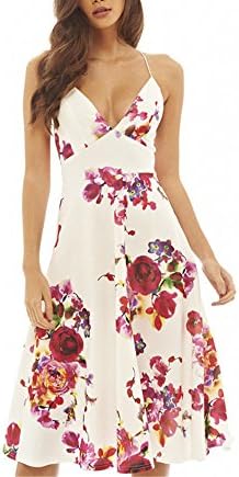 Women's Bohemia Printed Condole Belt Dress Floral Vacation Vibrant Floral Print Knee Length Dress (X-large)