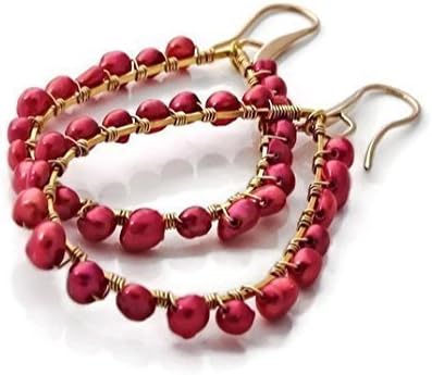Bohemian Big Gold Tone Red Freshwater Cultured Pearl Wire Wrapped Teardrop Hoop Earrings with 14k Plated Hooks.