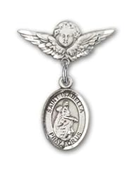 Sterling Silver Baby Badge with St. Isabella of Portugal Charm and Angel with Wings Badge Pin