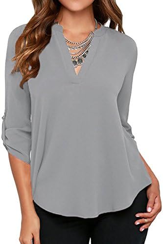 Melaniedfjhu Roswear Women's Casual V Neck Cuffed Sleeves Solid Chiffon Blouse Top Grey X-Large / US Size 12-14