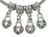 Set of 4 Silver Plated Locked Heart Charm Beads with Swarovski Crystals