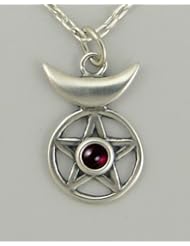 The Moon Goddess Pentacle in Sterling Silver, Accented with Genuine Garnet ...Jewelry Made in America