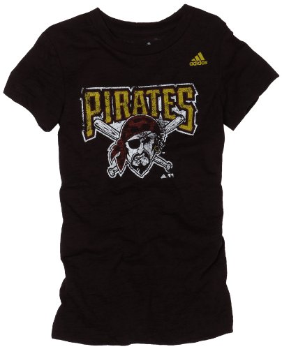 MLB Girls' Pittsburgh Pirates Short Sleeve Longer Length Burnout Tee, Black, Medium