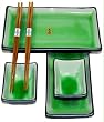 6 Piece Japanese Sushi Plate Set w/ Chopsticks - Green Crackle