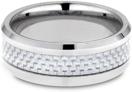 White Carbon Fiber Luxurious Tungsten Carbide Ring with Beveled Edge (8mm)