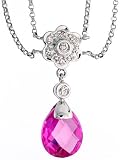 14k White Gold 16 Chain & 15/16 (25mm) tall Pendant, w/ 0.10 Carat Round Top Light Brown Diamonds & 2.91 Carats Pear Shaped Created Pink Sapphire Stone
