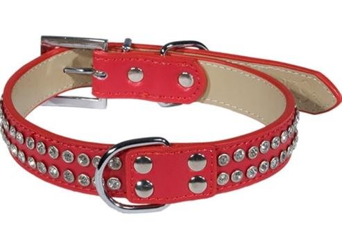 Designer Dog Collar - Double Rhinestone Collar - Red - Large